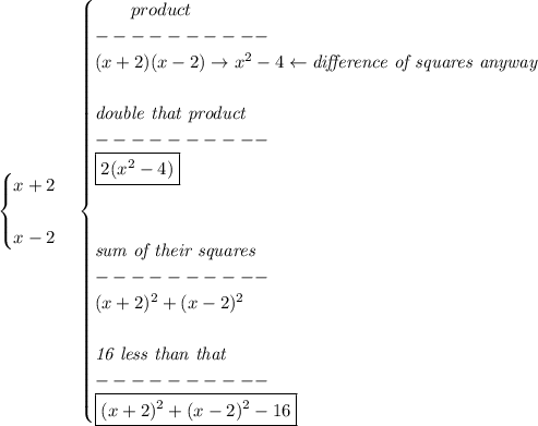 \bf \begin{cases}&#10;x+2\\\\&#10;x-2&#10;\end{cases}&#10;\begin{cases}\qquad &#10;product\\&#10;----------\\&#10;(x+2)(x-2)\to x^2-4\leftarrow \textit{difference of squares anyway}\\\\&#10;\textit{double that product}\\&#10;----------\\&#10;\boxed{2(x^2-4)}&#10;\\\\\\&#10;\textit{sum of their squares}\\&#10;----------\\&#10;(x+2)^2+(x-2)^2\\\\&#10;\textit{16 less than that}\\&#10;----------\\&#10;\boxed{(x+2)^2+(x-2)^2-16}&#10;\end{cases}