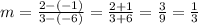 m=\frac{2-(-1)}{3-(-6)} =\frac{2+1}{3+6}=\frac{3}{9} =\frac{1}{3}