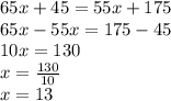 65x+45=55x+175\\ 65x-55x=175-45\\ 10x=130\\ x=\frac{130}{10}\\ x=13