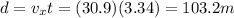 d=v_x t=(30.9)(3.34)=103.2 m