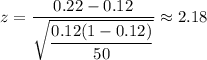 z=\dfrac{0.22-0.12}{\sqrt{\dfrac{0.12(1-0.12)}{50}}}\approx2.18