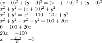 (x-0)^{2}+(y-0)^{2}=(x-(-10))^{2}+(y-0)^{2}\\x^{2}+y^{2}=(x+10)^{2}+y^2\\ x^{2}+y^{2}=x^{2}+100+20x+y^2\\x^{2}+y^{2}-x^{2}-y^2=100+20x\\0=100+20x\\ 20x=-100\\x=-\frac{100}{20}=-5