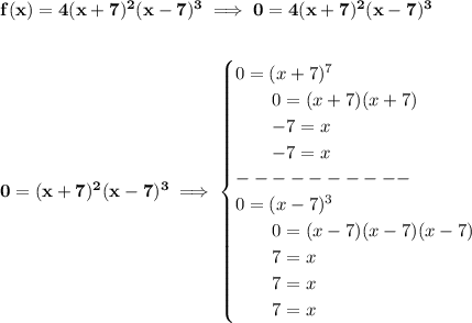 \bf f(x) = 4(x + 7)^2(x - 7)^3\implies 0 = 4(x + 7)^2(x - 7)^3&#10;\\\\\\&#10;0=(x+7)^2(x-7)^3\implies &#10;\begin{cases}&#10;0=(x+7)^7\\&#10;\qquad 0=(x+7)(x+7)\\&#10;\qquad -7=x\\&#10;\qquad -7=x\\&#10;----------\\&#10;0=(x-7)^3\\&#10;\qquad 0=(x-7)(x-7)(x-7)\\&#10;\qquad 7=x\\&#10;\qquad 7=x\\&#10;\qquad 7=x&#10;\end{cases}