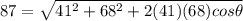 87 = \sqrt{41^2 + 68^2 + 2(41)(68)cos\theta