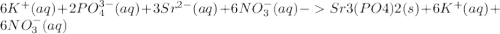 6 K^+(aq) + 2 PO_4^{3-} (aq) + 3 Sr^{2-} (aq) + 6 NO_3^- (aq) - Sr3(PO4)2 (s) + 6 K^+(aq) + 6 NO_3^- (aq)