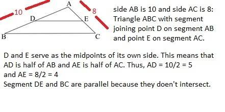 In triangle abc shown below, side ab is 10 and side ac is 8:  triangle abc with segment joining poin