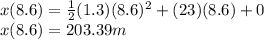 x(8.6) = \frac{1}{2}(1.3)(8.6)^2+(23)(8.6)+0\\x(8.6)=203.39m