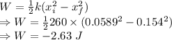 W=\frac{1}{2}k(x_i^2-x_f^2)\\\Rightarrow W=\frac{1}{2}260\times (0.0589^2-0.154^2)\\\Rightarrow W=-2.63\ J