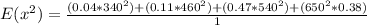 E(x^2)=\frac{(0.04*340^2)+(0.11*460^2)+(0.47*540^2)+(650^2*0.38)}{1}