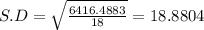 S.D = \sqrt{\frac{6416.4883}{18}} = 18.8804