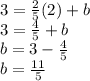 3 = \frac {2} {5} (2) + b\\3 = \frac {4} {5} + b\\b = 3- \frac {4} {5}\\b = \frac {11} {5}