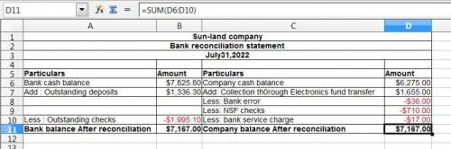 On july 31, 2022, sunland company had a cash balance per books of $6,275.00. the statement from dako