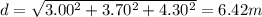d= \sqrt{3.00^{2}+3.70^{2}+4.30^{2}}=6.42m