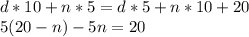 d*10 + n*5 = d*5 + n*10 + 20\\5(20-n) - 5n = 20