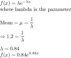 f(x) = \lambda e^{-\lambda x}\\\text{where lambda is the parameter}\\\\\text{Mean} = \mu = \displaystyle\frac{1}{\lambda}\\\\\Rightarrow 1.2 = \frac{1}{\lambda}\\\\\lambda = 0.84 \\f(x) = 0.84 e^{0.84 x}