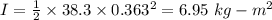 I = \frac{1}{2}\times 38.3\times 0.363^{2} = 6.95\ kg-m^{2}