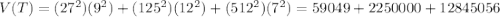 V(T)=(27^{2})(9^{2})+(125^{2})(12^{2})+(512^{2})(7^{2})=59049+2250000+12845056