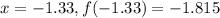 x = -1.33, f(-1.33) = -1.815