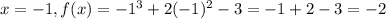 x = -1, f(x) = -1^{3}+2(-1)^{2}-3=-1+2-3=-2