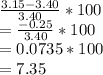 \frac{3.15-3.40}{3.40}*100\\=\frac{-0.25}{3.40}*100\\=0.0735*100\\=7.35