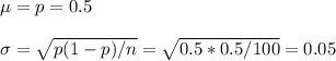 \mu=p=0.5\\\\\sigma=\sqrt{p(1-p)/n} =\sqrt{0.5*0.5/100}= 0.05