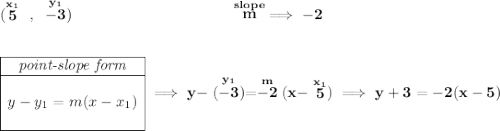 \bf (\stackrel{x_1}{5}~,~\stackrel{y_1}{-3})~\hspace{10em} \stackrel{slope}{m}\implies -2 \\\\\\ \begin{array}{|c|ll} \cline{1-1} \textit{point-slope form}\\ \cline{1-1} \\ y-y_1=m(x-x_1) \\\\ \cline{1-1} \end{array}\implies y-\stackrel{y_1}{(-3)}=\stackrel{m}{-2}(x-\stackrel{x_1}{5})\implies y+3=-2(x-5)