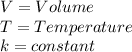 V=Volume\\T=Temperature\\k=constant