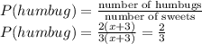 P(humbug)=\frac{\textrm{number of humbugs}}{\textrm{number of sweets}}\\P(humbug)=\frac{2(x+3)}{3(x+3)}=\frac{2}{3}