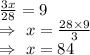 \frac{3x}{28}=9\\\Rightarrow\ x=\frac{28\times9}{3}\\\Rightarrow\ x=84