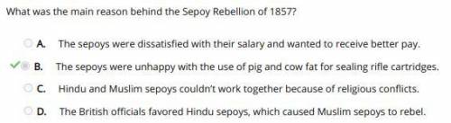 What was the main reason behind the sepoy rebellion of 1857?  a.) the sepoys were dissatisfied with