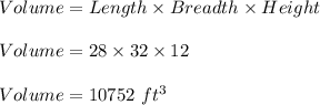 Volume=Length\times Breadth\times Height\\\\Volume=28\times 32\times 12\\\\Volume=10752\ ft^3