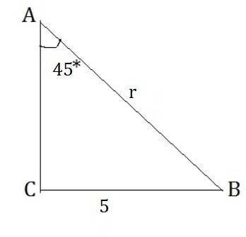 What is the value of r?  triangle a b c has right angle c with hypotenuse labeled r. angle a is 45 d