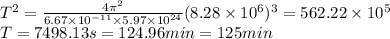 T^2=\frac{4\pi^2}{6.67\times 10^{-11}\times 5.97\times 10^{24}}(8.28\times 10^6)^3 =562.22\times10^5\\ T = 7498.13 s = 124.96 min = 125 min