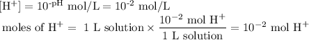 \text{[H$^{+}$]}= 10^\text{-pH} \text{ mol/L} = 10^{\text{-2}} \text{ mol/L}\\ \text{ moles of H}^{+} = \text{ 1 L solution} \times \dfrac{10^{-2}\text{ mol H}^{+}}{\text{1 L solution}} = 10^{-2}\text{ mol H}^{+}