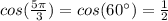 cos(\frac{5\pi }{3})=cos(60\°)=\frac{1}{2}