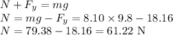 N+F_{y}=mg\\N=mg-F_{y}=8.10\times 9.8-18.16\\N=79.38-18.16=61.22\textrm{ N}
