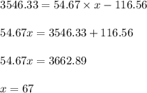 \begin{array}{l}{3546.33=54.67 \times x-116.56} \\\\ {54.67 x=3546.33+116.56} \\\\ {54.67 x=3662.89} \\\\ {x=67}\end{array}