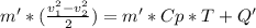m'*(\frac{v_{1}^2-v_{2}^2}{2})=m'*Cp*T+Q'