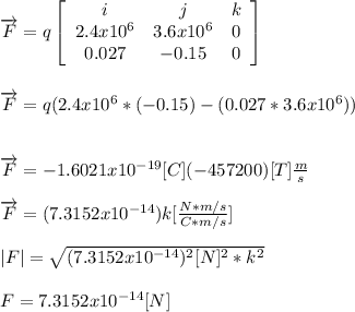 \overrightarrow{F}= q \left[\begin{array}{ccc}i&j&k\\2.4x10^{6}&3.6x10^{6}&0\\0.027&-0.15&0\end{array}\right]\\\\\\\overrightarrow{F}= q(2.4x10^{6}* (-0.15)- (0.027*3.6x10^{6}))\\\\\\\overrightarrow{F}= -1.6021x10^{-19} [C](-457200) [T]\frac{m}{s}\\\\\overrightarrow{F}=(7.3152x10^{-14}) k [\frac{N*m/s}{C*m/s}]\\\\|F|= \sqrt{ (7.3152x10^{-14})^{2}[N]^2 *k^{2}}\\\\F=7.3152x10^{-14} [N]