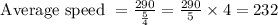 \text { Average speed }=\frac{290}{\frac{5}{4}}=\frac{290}{5} \times 4=232