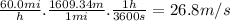 \frac{60.0mi}{h}.\frac{1609.34m}{1mi}.\frac{1h}{3600s} =26.8m/s