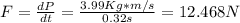 F = \frac{dP}{dt}=\frac{3.99Kg*m/s}{0.32s} =12.468 N