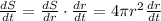 \frac{dS}{dt}=\frac{dS}{dr}\cdot \frac{dr}{dt}=4\pi r^2\frac{dr}{dt}