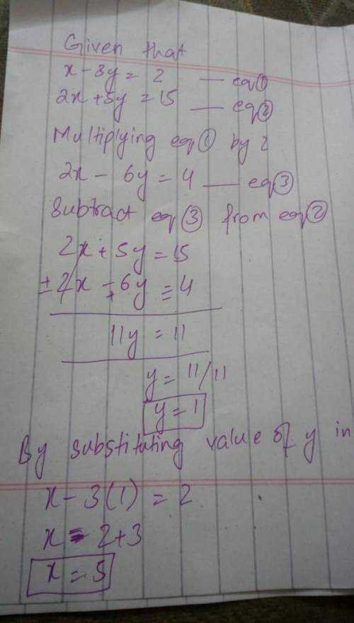 Find the solution to the following system of equations using substitution:  x-3y=2 2x+ 5y = 15