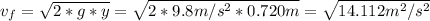 v_f=\sqrt{2*g*y}=\sqrt{2*9.8m/s^2*0.720m}=\sqrt{14.112 m^2/s^2}