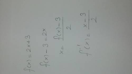 Which function is the inverse of f(x) = 2x + 3?  f-1(x) = –2x + 3 f-1(x) = 2x + 3 f-1(x)=1/2x-3/2 f-