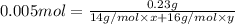 0.005 mol=\frac{0.23 g}{14g/mol\times x+16 g/mol\times y}