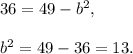 36=49-b^2,\\ \\b^2=49-36=13.