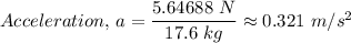Acceleration, \, a = \dfrac{5.64688 \ N}{17.6 \ kg} \approx 0.321 \ m/s^2