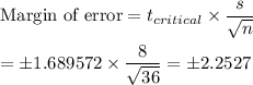\text{Margin of error} = t_{critical} \times \displaystyle\frac{s}{\sqrt{n}}\\\\= \pm 1.689572\times \frac{8}{\sqrt{36}} = \pm 2.2527